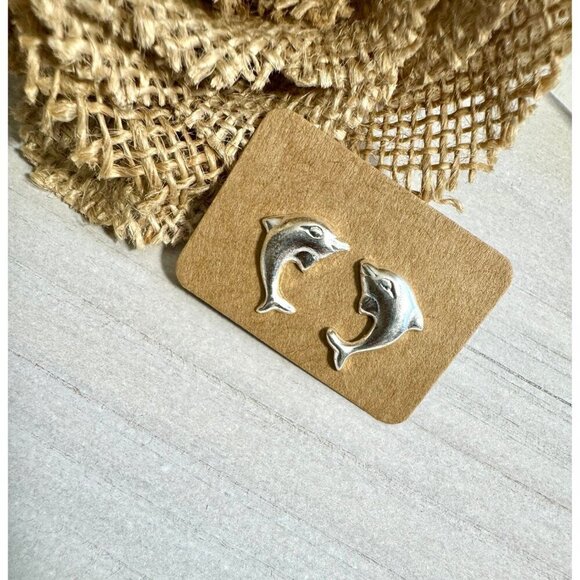 Dolphin Earrings , Dolphin Stud Earrings, 925 Silver Stud Earrings , Beach Stud - Picture 2 of 4